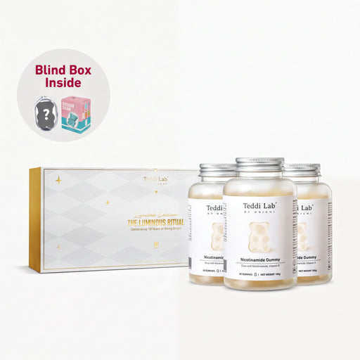 a set of three bottles of Teddi Lab's "The Luminous Ritual" supplement, along with a box containing the same product. The text "Blind Box Inside" is visible, suggesting that the viewer should open the box to see the contents inside.
