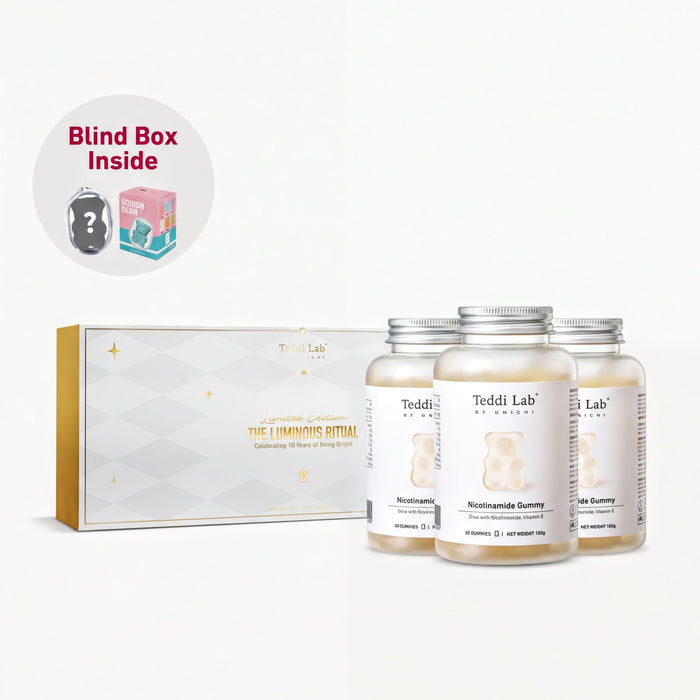 a set of three bottles of Teddi Lab's "The Luminous Ritual" supplement, along with a box containing the same product. The text "Blind Box Inside" is visible, suggesting that the viewer should open the box to see the contents inside.