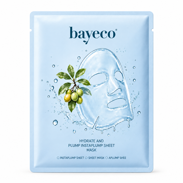 A blue square-shaped sheet mask packaging for a hydrating and plumping sheet mask.
