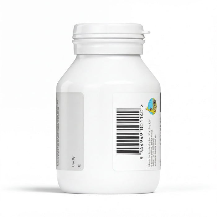 A white plastic bottle with a barcode and text on its label.