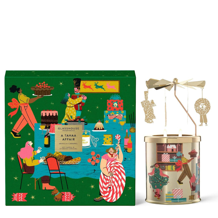 The image is a gift box and a tin can, both featuring colorful illustrations of people and various objects, such as cakes, chairs, and a clock.