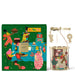 The image is a gift box and a tin can, both featuring colorful illustrations of people and various objects, such as cakes, chairs, and a clock.