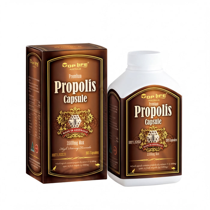 two products: a brown box and a white bottle. The box is labeled "Premium Propolis Capsule" and the bottle is labeled "Premium Propolis Capsule".