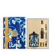a set of products, including a blue and gold box with a gold ribbon, a black and gold bottle, and a black and gold lighter.