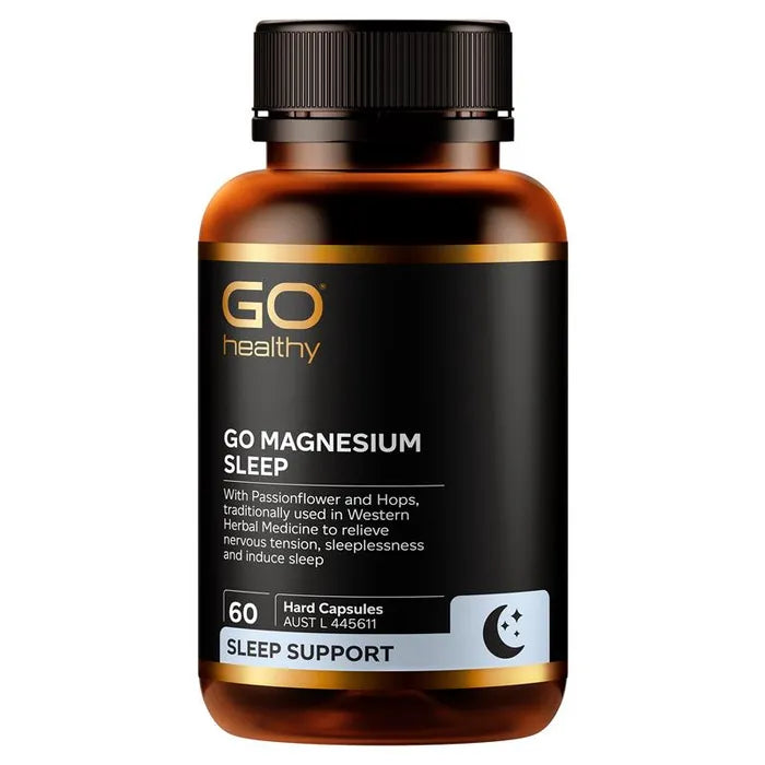 a bottle of Go Healthy Sleep supplement, which is a 60 hard capsule product.