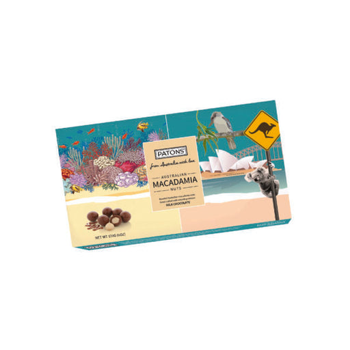 The image is a box of Patons Macadamia nut bars, featuring a collage of images depicting various Australian landmarks and wildlife.