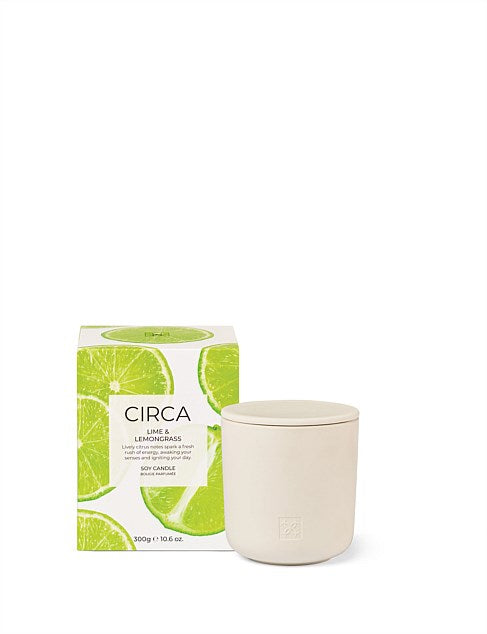 A white candle in a white container with a green lid, labeled "CIRCA LIME & LEMONGRASS" and "50ml 1.5 fl. oz."