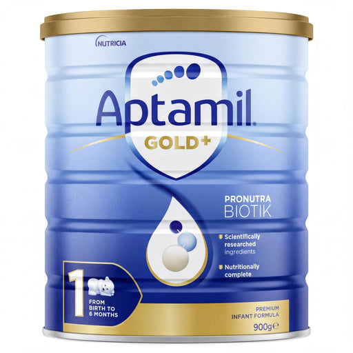 A blue and gold container of baby formula, specifically Aptamil Gold+ with the label "Pronutra BIOTIK".