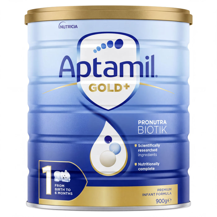 A blue and gold container of baby formula, specifically Aptamil Gold+ with the label "Pronutra BIOTIK".