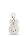 A white plush rabbit charm with a silver metal clasp attached to it.