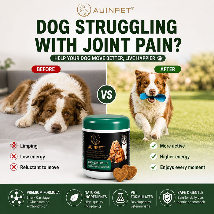 The image is an advertisement for a product called "AiUNPET" that claims to help dogs with joint pain. It features two images of dogs, one before and one after taking the product. The text on the product and the images are displayed in a split layout, with the product and the dog images on the left and the product and the dog images on the right.