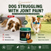 The image is an advertisement for a product called "AiUNPET" that claims to help dogs with joint pain. It features two images of dogs, one before and one after taking the product. The text on the product and the images are displayed in a split layout, with the product and the dog images on the left and the product and the dog images on the right.