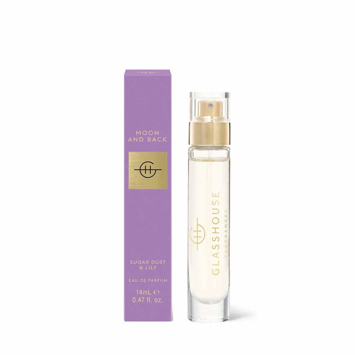a bottle of Glasshouse Eau de Parfum and a purple box for the product, both of which are white in color.