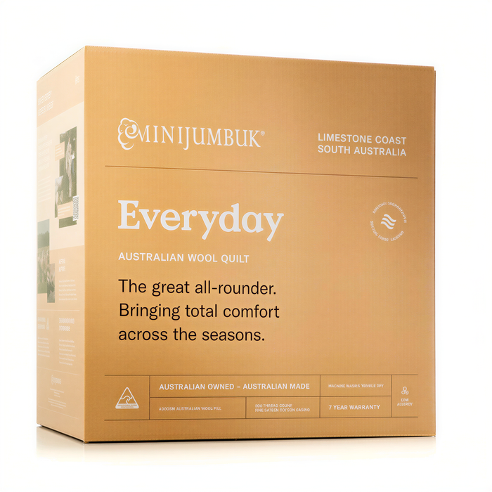 The image is a cardboard box for a product called "Everyday Australian Wool Quilt".