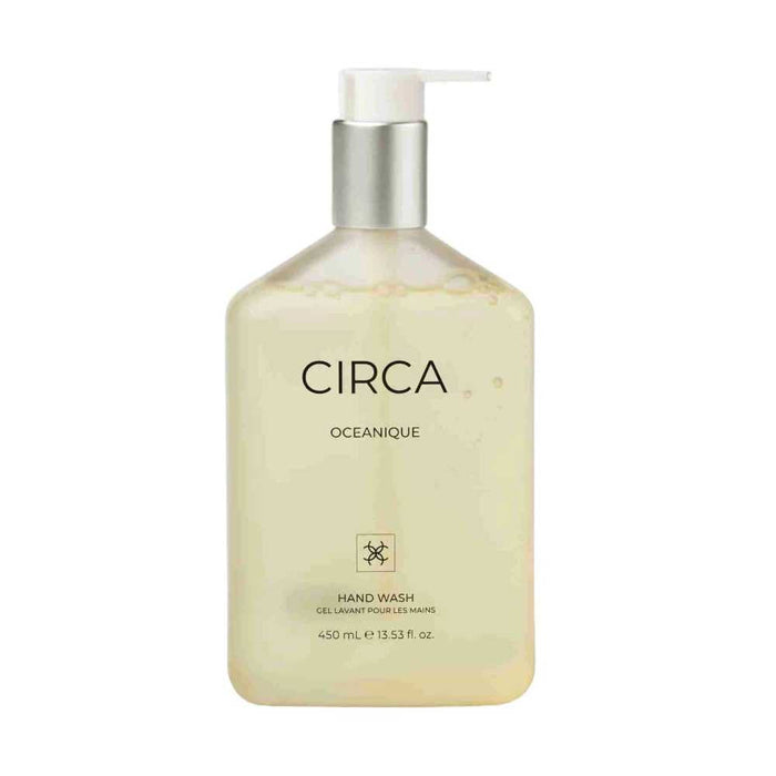 A bottle of CIRCA Oceanique hand wash, with a pump dispenser and a label indicating it is a hand wash with a pump dispenser.