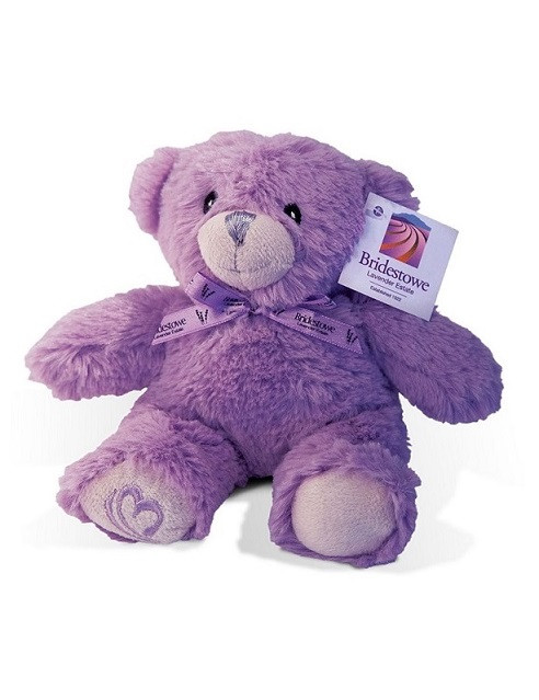 A purple teddy bear with a bow around its neck and a tag attached to its ear.
