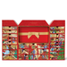 A red and gold advent calendar with a detailed illustration of various scenes and characters on the front and sides.