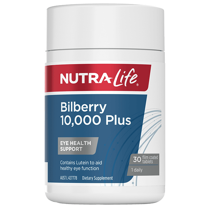 a bottle of NutraLife Bilberry 10,000 Plus Eye Health Support dietary supplement.