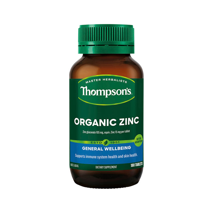 A bottle of organic zinc dietary supplement from Thompson's, containing 180 tablets.