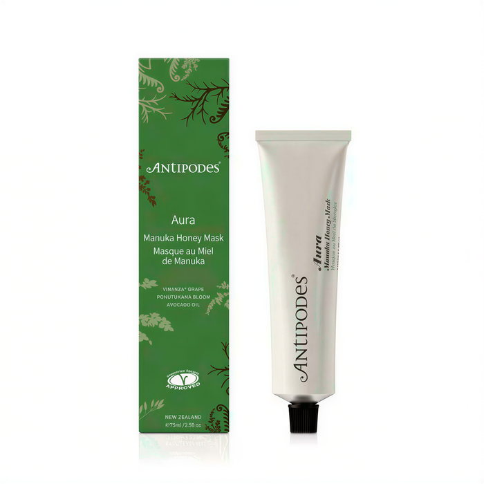 ANIOPODES' Aurora Manuka Honey Mask tube and its green box with a floral design.