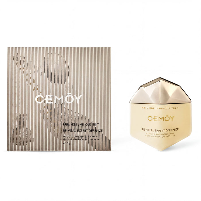 a box of CEMOY makeup products and a jar of the same product, both with a gold-colored appearance.