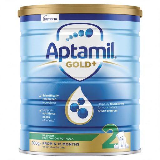 A blue and gold container of Aptamil Gold+ baby formula, with a white and blue design and a white bear image.