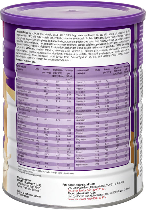 The image is a detailed nutritional information label for a product, likely a powdered supplement or food product. The label provides various nutritional facts, such as the amount of protein, vitamins, minerals, and other nutrients in the product.