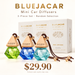 The image is an advertisement for Blue Jacar Mini Car Diffusers, featuring three different colored glass bottles with wooden pendants and a price tag of $29.90.