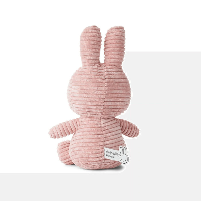 A pink stuffed bunny toy is sitting on a white surface.