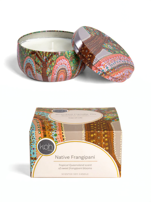 a decorative tin candle holder and its packaging, both with a colorful, patterned design.