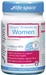 a bottle of cranberry-flavored probiotic supplement for women, with a blue and white label that includes text and a logo.