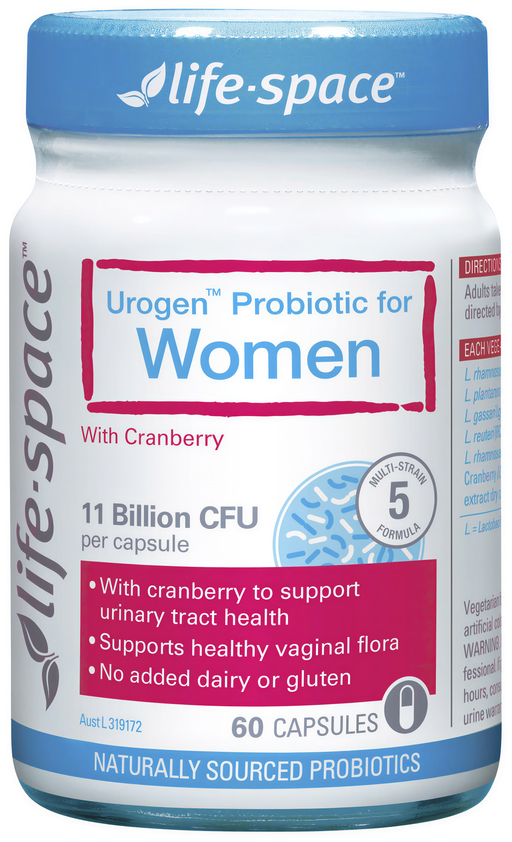 a bottle of cranberry-flavored probiotic supplement for women, with a blue and white label that includes text and a logo.