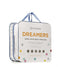a product packaging for a "Dreamers" quilt designed specifically for children to provide a healthy and more comfortable sleep.