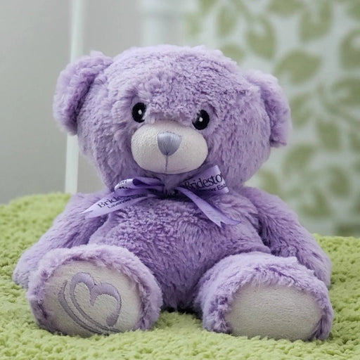 A purple teddy bear with a heart-shaped tag sits on a green surface, with a blurred green and white patterned background.