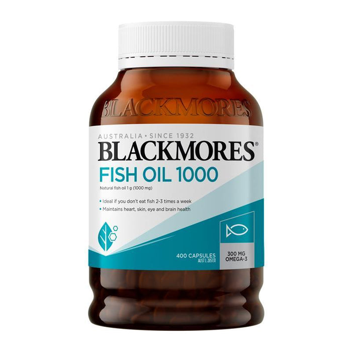 a bottle of Blackmore's Fish Oil 1000 capsules, with a label that includes information about the product.