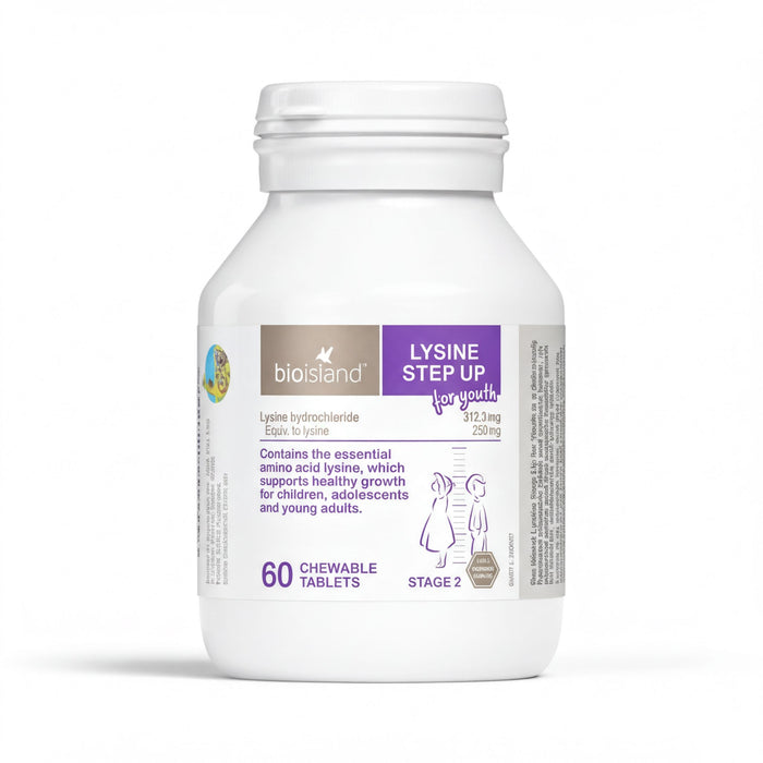 a bottle of Lysine Step Up for youth, a dietary supplement containing the essential amino acid lysine.