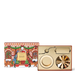 a box with a Christmas-themed illustration and a decorative fan, along with a fan and a small plate.