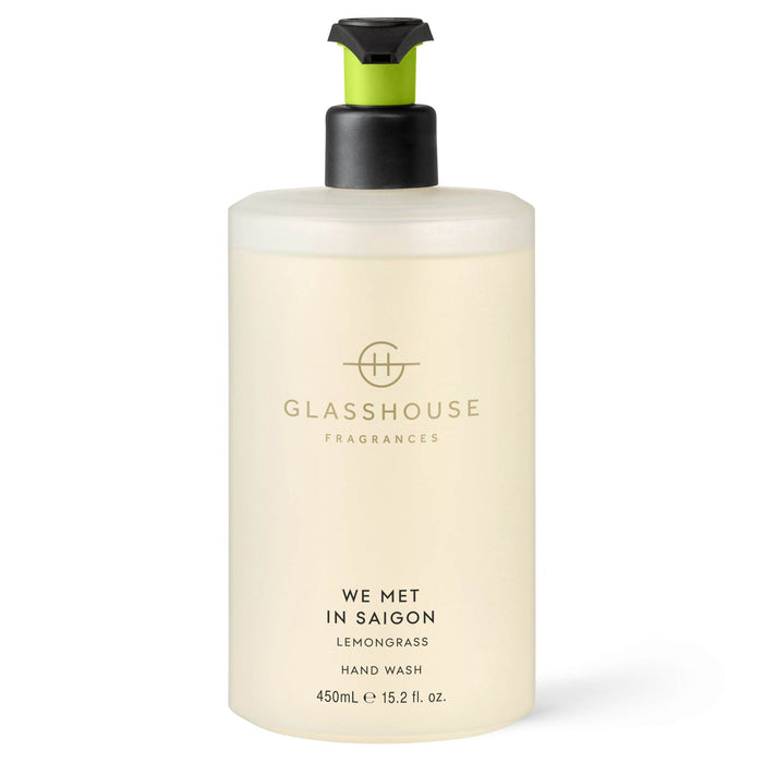 A bottle of Glasshouse Fragrances hand wash, labeled as "We met in Saigon" and containing "Lemongrass Hand Wash".