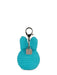 A turquoise-colored keychain with a silver metal clasp and a small tag attached to it.