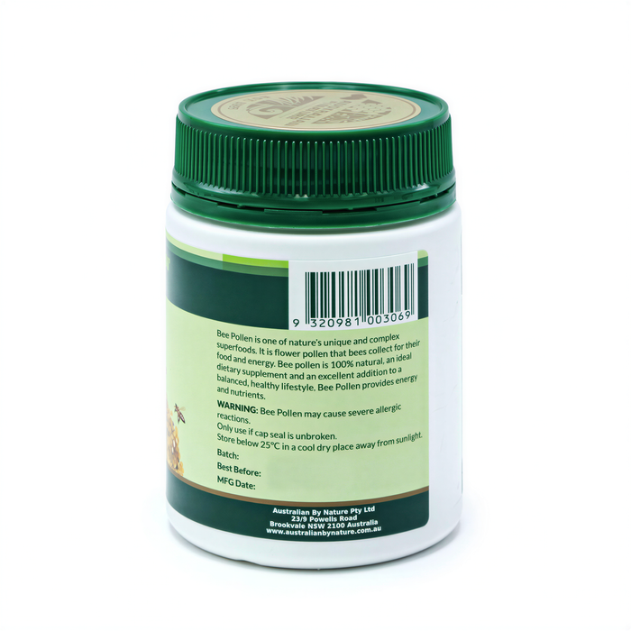 a bottle of Bee pollen, a natural and complete dietary supplement that has been collected for their food and energy. Bee pollen is 100% natural, an ideal dietary staple for an ideal diet and an excellent source of energy and nutrients. Bee pollen provides energy and nutrients, and is recommended for those with allergies, as it may cause severe allergic reactions. The label on the bottle indicates that it is a product of Australian Nature Ltd. and is made in Brookvale, New South Wales, Australia.