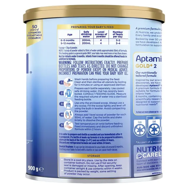 The image is a nutrition label for a baby's milk, specifically Aptaimin Gold+ 2. The label provides information about the product, including its nutritional content, age recommendations, and storage instructions.