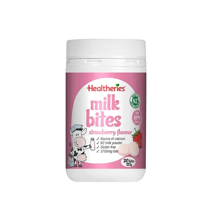 a bottle of Healthieries Milk Bites strawberry flavor, which is a dairy-free, gluten-free, and nut-free product.