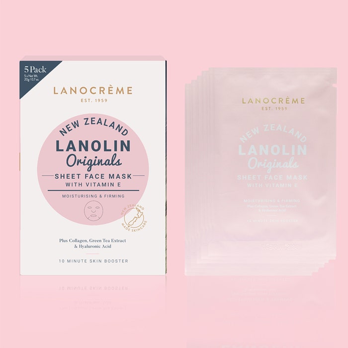 a set of 5 packs of Lanolin Origins Sheet Face Mask with Vitamin E, along with a box of the same product.