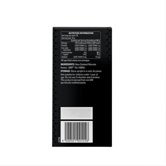 The image is a nutrition information label for a product, which is a black and white image with text and barcode.