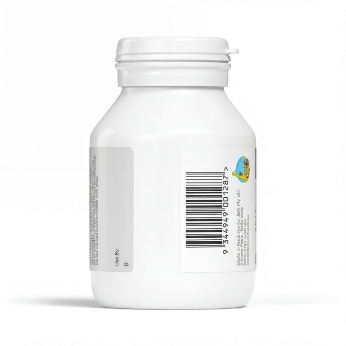 A white plastic bottle with a barcode and text on it.
