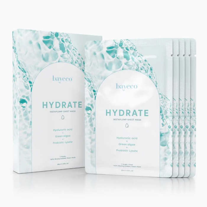 a set of six hydrating sheet masks from the brand bayeco. The masks are packaged in their original boxes, which are white with a light blue and green color scheme. The boxes are arranged in a row, with the front mask slightly overlapping the back mask. The masks are designed to be used as a hydrating sheet mask, with ingredients like hyaluronic acid, green algae, and probiotic lysozyme.
