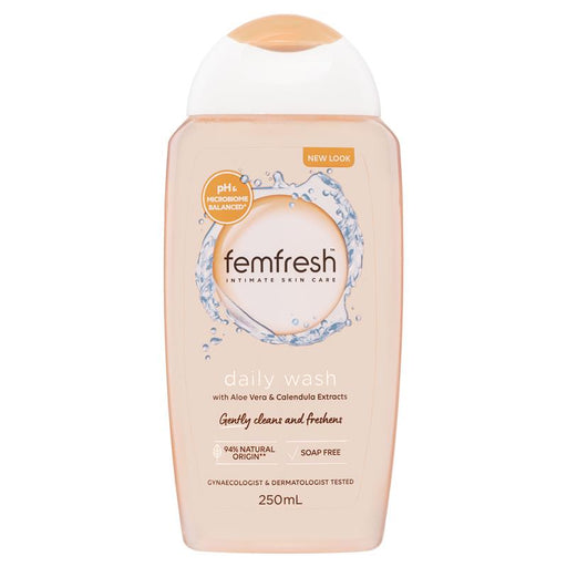 a bottle of Femfresh Daily Wash shampoo, which is a new look product.