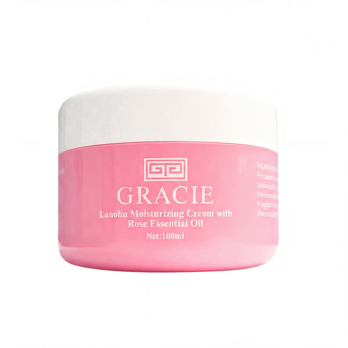 A pink jar of Lancin Moisturizing Cream with Rose Essential Oil, containing 100ml of product.