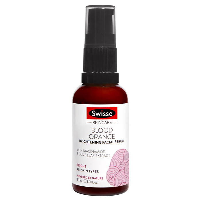 A bottle of Swiss Skin Care Blood Orange Brightening Facial Serum with niacinamide and olive leaf extract.