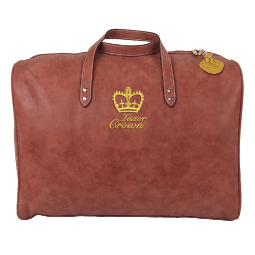 A brown leather tote bag with a gold crown logo and the text "Luxor Crown" printed on it.